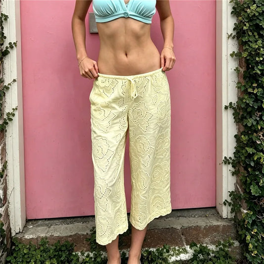 Women Eyelet Embroidery Capri Pants Elastic Drawstring Waist Hollow Loose Cropped Wide Leg Y2K Vintage Casual Trousers
