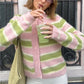 Women Fuzzy Mohair Knit Cardigan Striped Round Neck Button Front Cropped Sweater Long Sleeve Y2K Retro Streetwear Jacket
