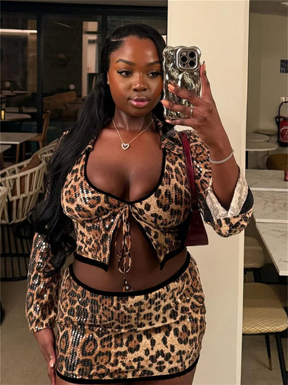 Leopard Print Sexy Wild 2 Piece Set Women Shiny Sequins Low-Neck Shirring Splits Tops+Skinny Skirts Club Party Suits