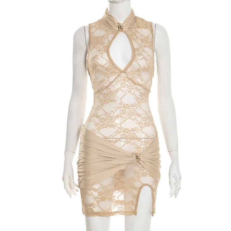 Women Bodycon Mini Dress Sexy Sleeveless Lace See Through Dress Slim Fit Slit Summer Sheer Dress Party Clubwear