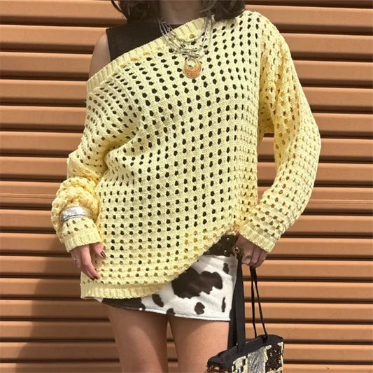 Women Retro Y2K Hollow Knit Mesh Sweater Off‑Shoulder Slouchy Oversized Pullover Long Sleeve Grunge Vintage Street Tops
