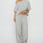 Off Shoulder Striped 2 Piece Outfit Women Loose Short Sleeve Crop Top Drawstring Wide Leg Pants Casual Lounge Pajama Set
