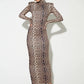 Leopard Print Long Sleeve Sexy Maxi Dress For Women Autumn Winter Fashion Elegant Turtleneck Printed Bodycon Long Dress