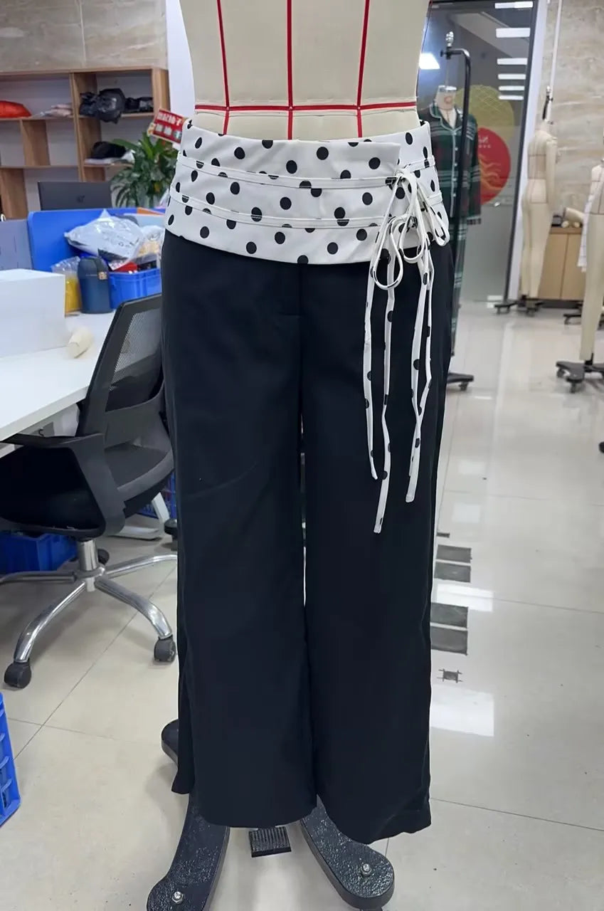 Elegant Office Ladies Wide Leg Trousers Plus Size High Rise Polka Dot Waist Tie Black Loose Work Wear Business Pants