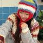 Y2K Cute Color Block Striped Bunny Ear Braid Knit Beanie For Women