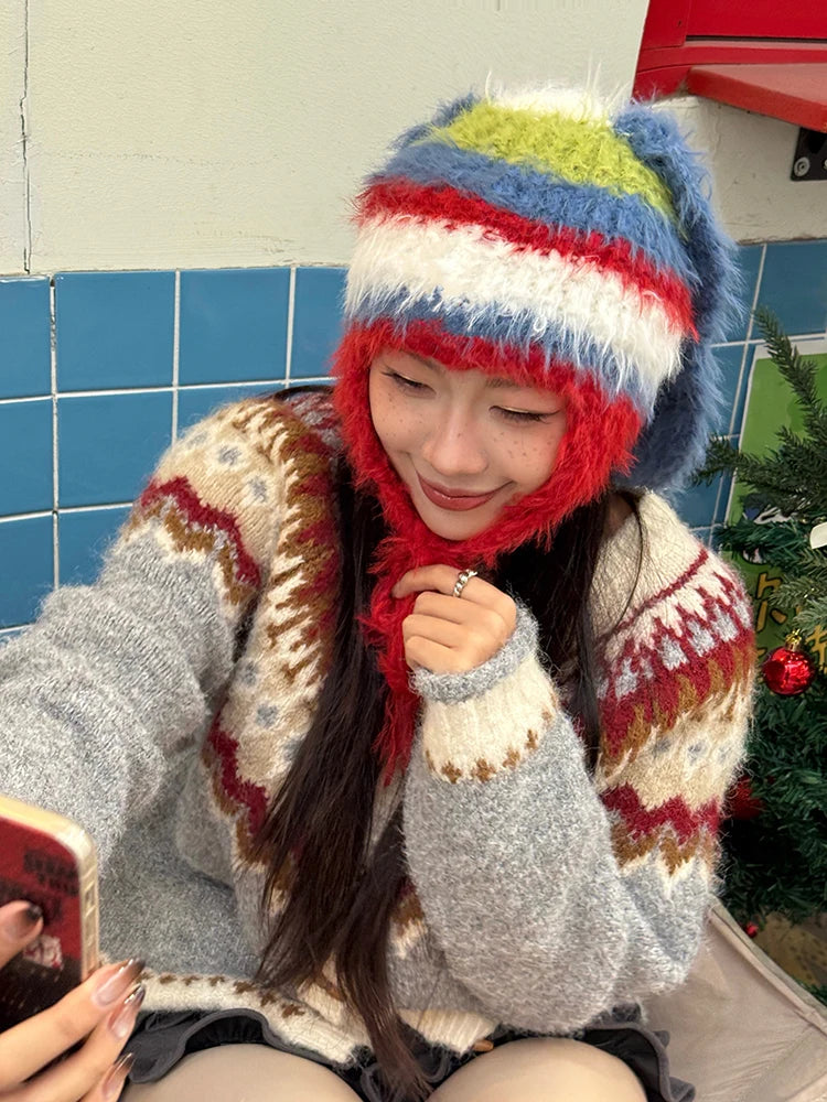 Y2K Cute Color Block Striped Bunny Ear Braid Knit Beanie For Women