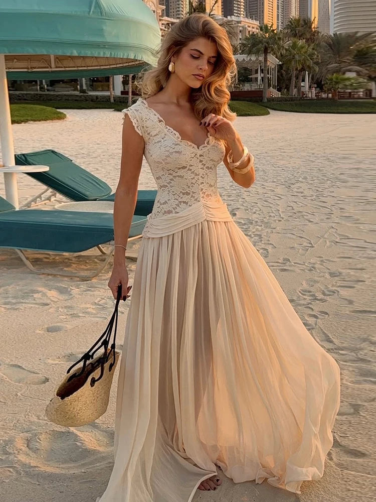 Patchwork Jacquard Mesh Maxi Dress Women v-Neck Folds Sleeveless Skinny Elegant Wedding Party Chic Vacation Vestidos