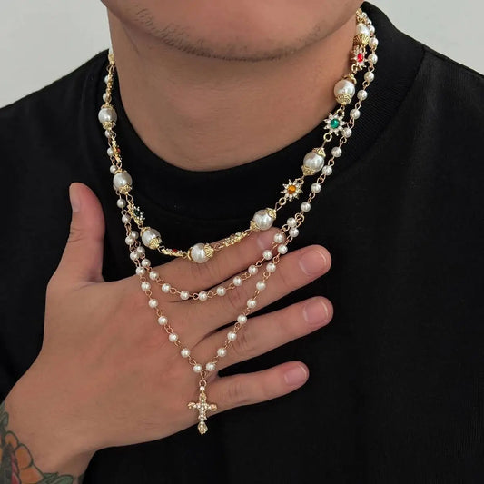 2Pcs/Set Boho Exquisite Imitation Pearl Acrylic Rhinestone Choker Necklace Trend Gold Color Cross Pendant Necklace Jewelry