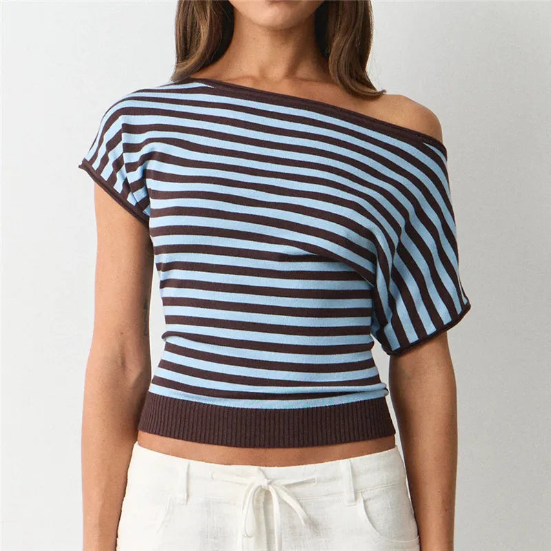 Y2K Women Asymmetric Diagonal Off Shoulder Knit Top Striped Solid Short Sleeve Slim Cropped Casual Crop Blouse