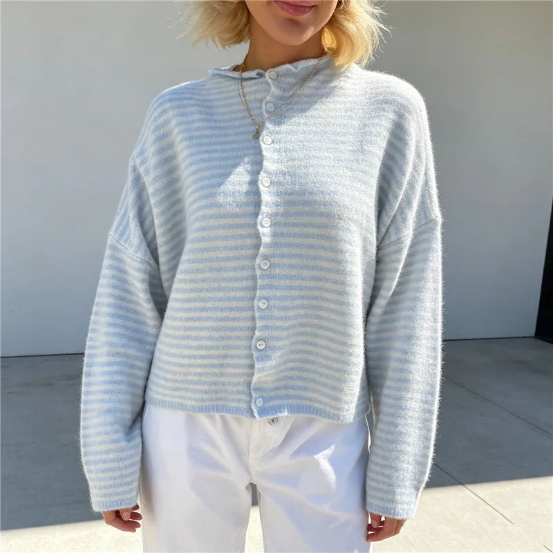 Womens Fuzzy Striped Knit Cardigan Round Neck Button Front Long Sleeve Loose Casual Sweater Jacket Winter Fall Outerwear