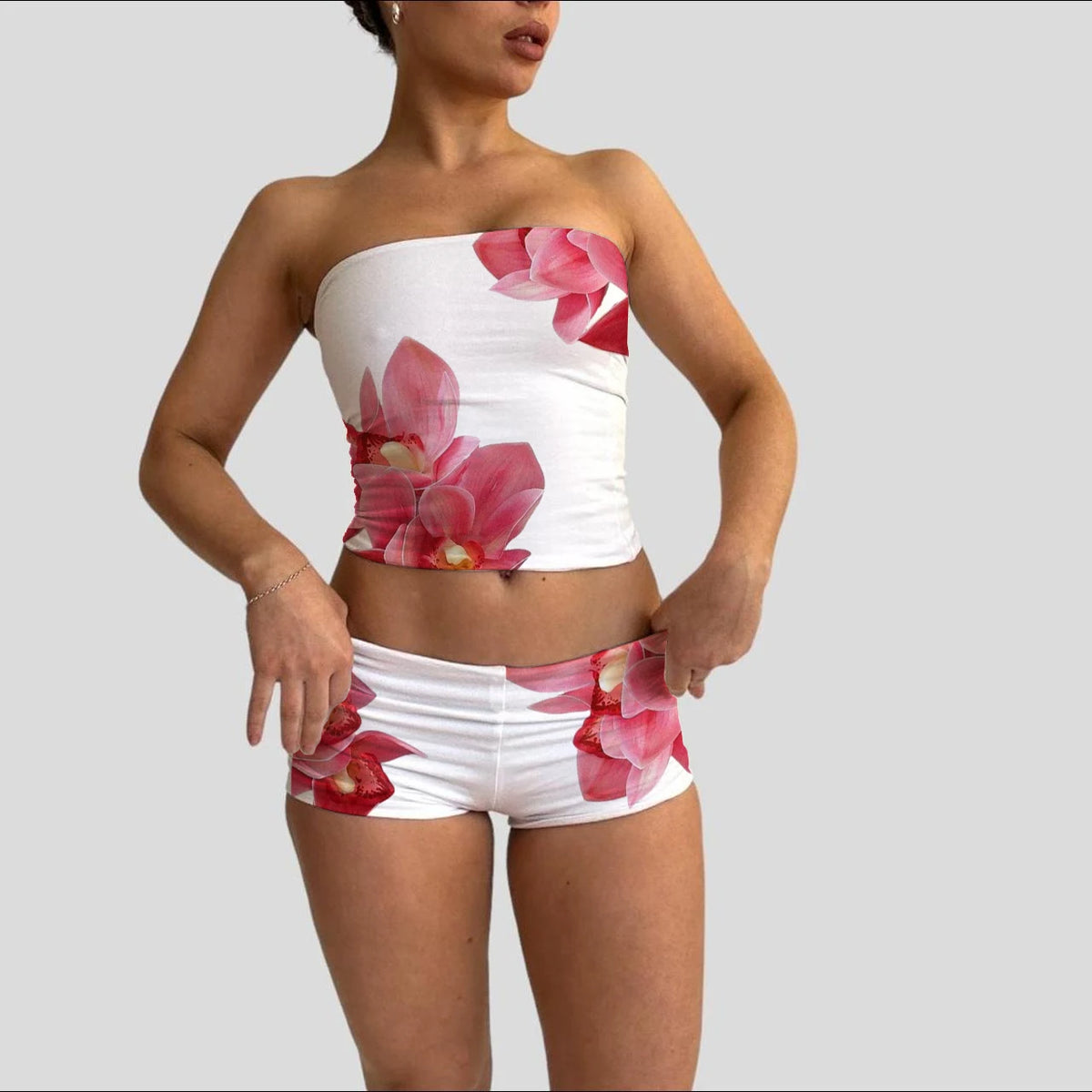 Vacation Lounge Oufits 2 Pice Set Flower Print Strapless Crop Tube Tops Bandeau + Skinny Mini Skirt Wrap Bodycon Women