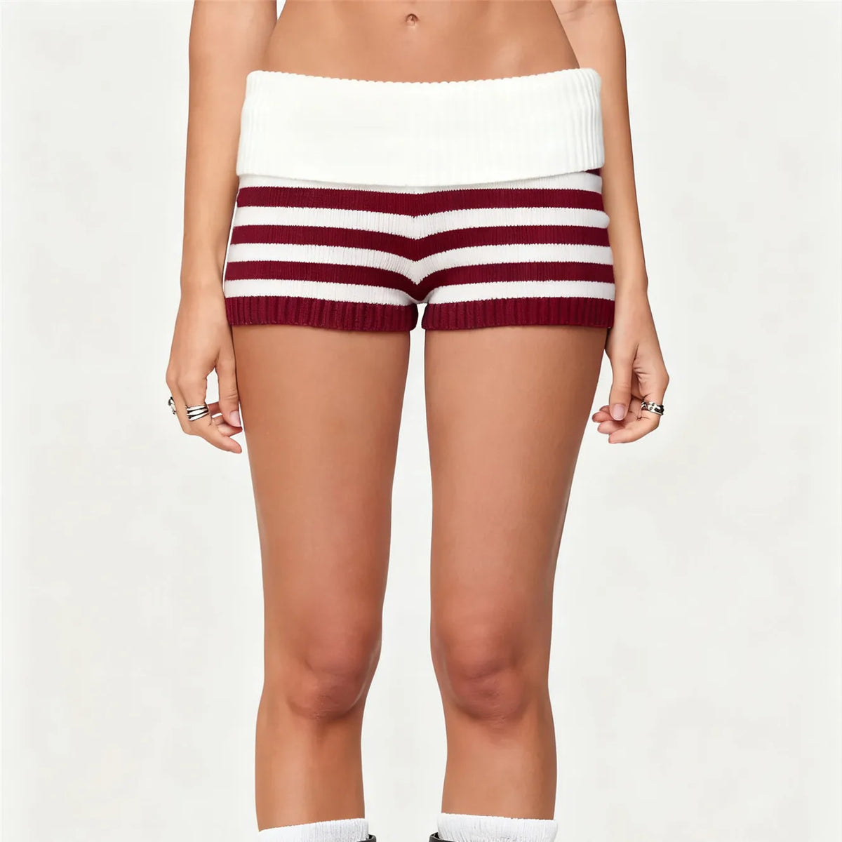 Women Y2k Knit Mini Shorts Striped Foldover Low Waist Elastic Slim Fit Vintage Going Out Micro Bottom Streetwear