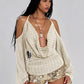 Swing Collar Women Butterfly Sequin Applique Chic Chain Patchwork Backless Off-Shoulder Bell Sleeve Sexy Trend Streetwear