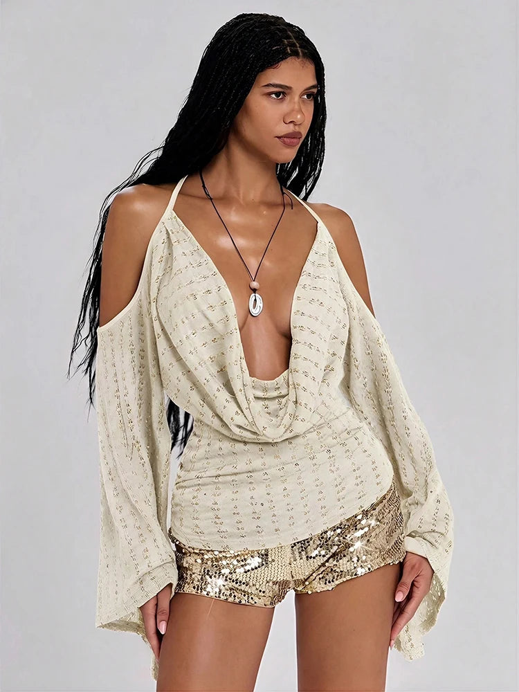 Swing Collar Women Butterfly Sequin Applique Chic Chain Patchwork Backless Off-Shoulder Bell Sleeve Sexy Trend Streetwear