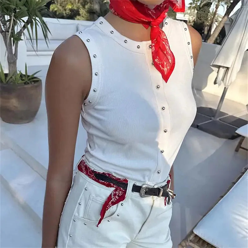 Women Cowgirl Style Studded Sleeveless Tank Top Ribbed Knit Button Front Slim Fit Vest for Summer Casual Streetwear
