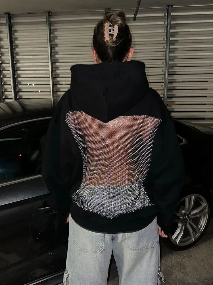 Harajuku Hooded Sweatshirt Women Autumn Trend Backless Glitter Mesh Patchwork Casual Streetwear Hipster Pulloverr