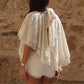 Women's Vintage Floral Lace High Neck Blouse Capelet Batwing Sleeve Open Back Bow Tie Backless Flowy Sheer Cropped Top