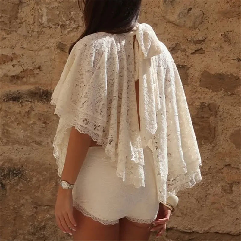 Women's Vintage Floral Lace High Neck Blouse Capelet Batwing Sleeve Open Back Bow Tie Backless Flowy Sheer Cropped Top