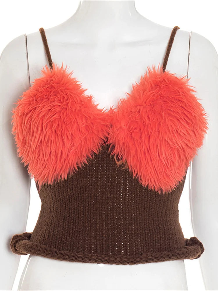 Knit Furry Tank Tops Women Sweet V-Neck Contrast Patchwork Rolled Hem Vacation Midnight Party Club Basic Slim Vest