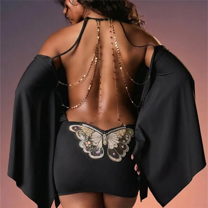 Butterfly Embroidery Mini Dress Cold Shoulder Flare Sleeve Halter Backless With Back Body Chain Club Party Bodycon Dress