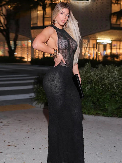 Mesh See Through Sexy Backless Maxi Dress Women Button Halter Sleeveless Midnight Trend Club Party Peach Hip Vestidos