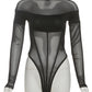 Patchwork Half Turtleneck Bodysuits Women See Through Fake Fishbone Decoration Sexy Party Street Fashion Midnight Outfit