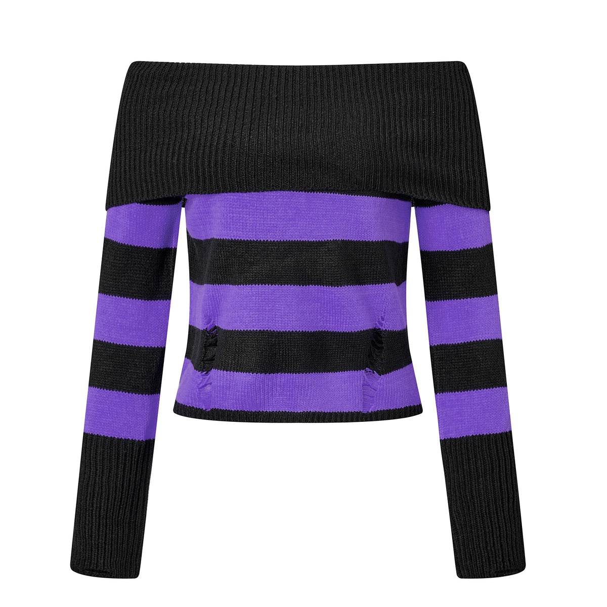 Women Off Shoulder Striped Knit Sweater Long Sleeve Distressed Ripped Hollow Out Loose Pullover Y2K Street Knitted Top