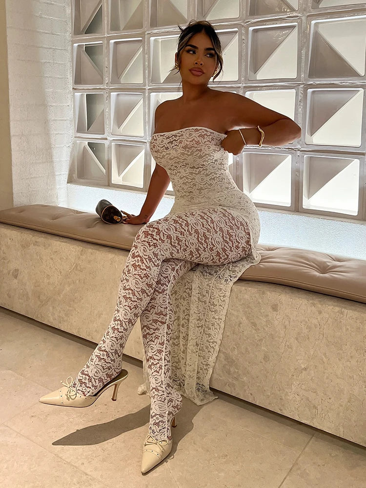Elegant Jacquard 2 Piece Set Women Sexy Wild See Through Irregular Hem Sleeveless Long Tops+Pants Fashion Party Suits