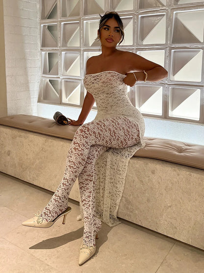 Elegant Jacquard 2 Piece Set Women Sexy Wild See Through Irregular Hem Sleeveless Long Tops+Pants Fashion Party Suits