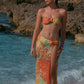 Sexy Colorful Print 3 Piece Set Women Y2K Double Buckle Tube Bra+Thong+Split Skirts Vacation Beach Swimsuit Clubwear