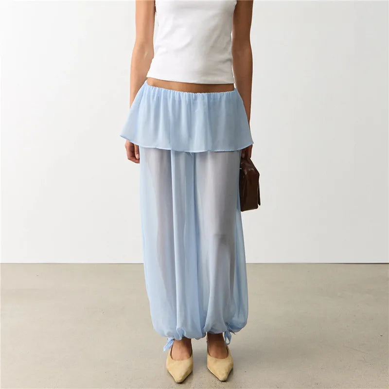 Women Y2K Layered Ruffle Skirt Waist Chiffon Pants Sheer Loose Harem Trousers Drawstring Hem Beach Cover Up Pants