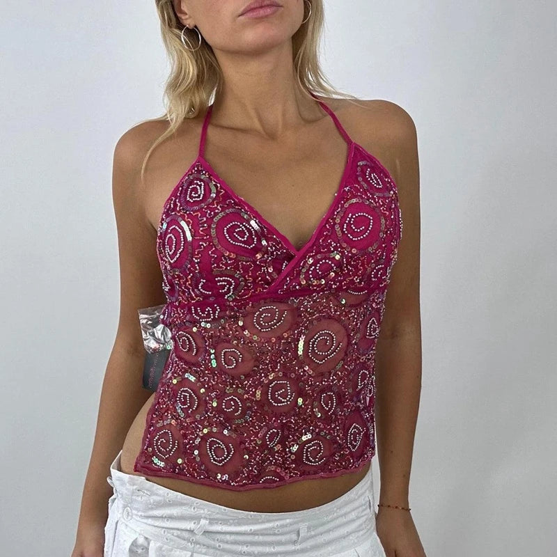 Women Y2K Sequin Cami Top Pearl Rhinestone Sleeveless Tank Top Sparkle Glitter Backless Crop Top Going Out Streetwear