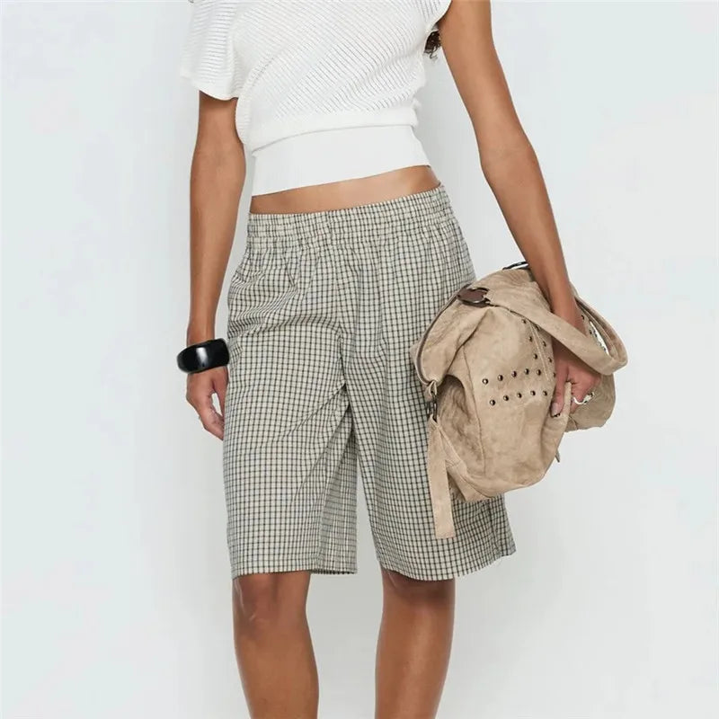 Vintage Plaid Check Bermuda Shorts Elastic Waist Loose Knee Length Trousers For Women Casual Summer Streetwear DailyWear