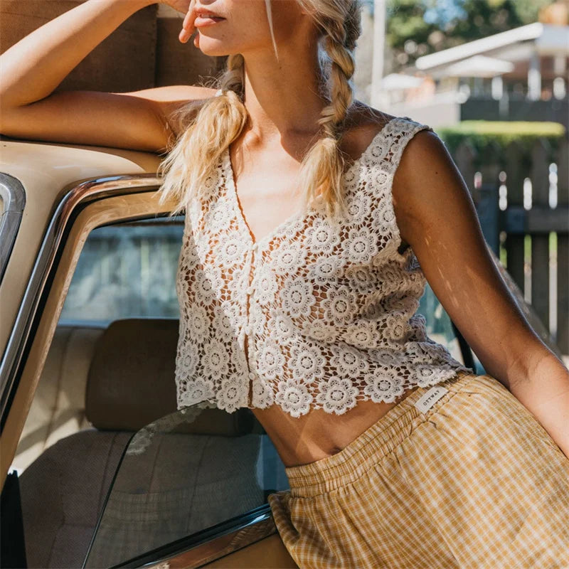 Women Crochet Lace Sleeveless Crop Top V Neck Button Down Floral Hollow Out Tank Top for Summer Beach and Vacation