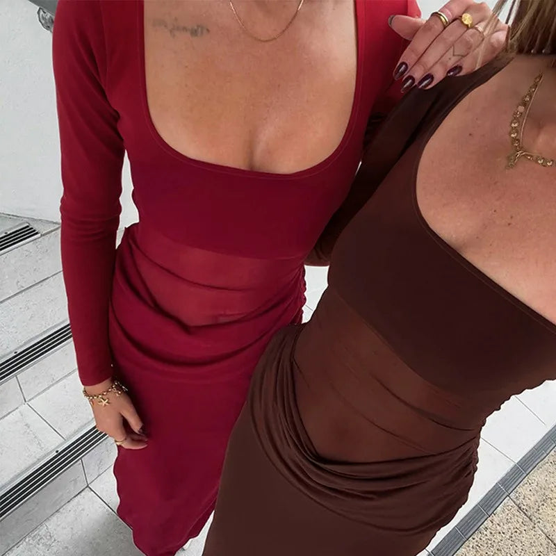 Mesh Splicing Long Sleeve Dresses for Woman Clothing Fall 2025 Sexy Party Maxi Dress Wedding Guest