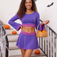 Women Purple 2 Piece Costume Set Flare Long Sleeve Crop Top And Mini Skirt Contrast Trim Halloween Cosplay Party Outfit