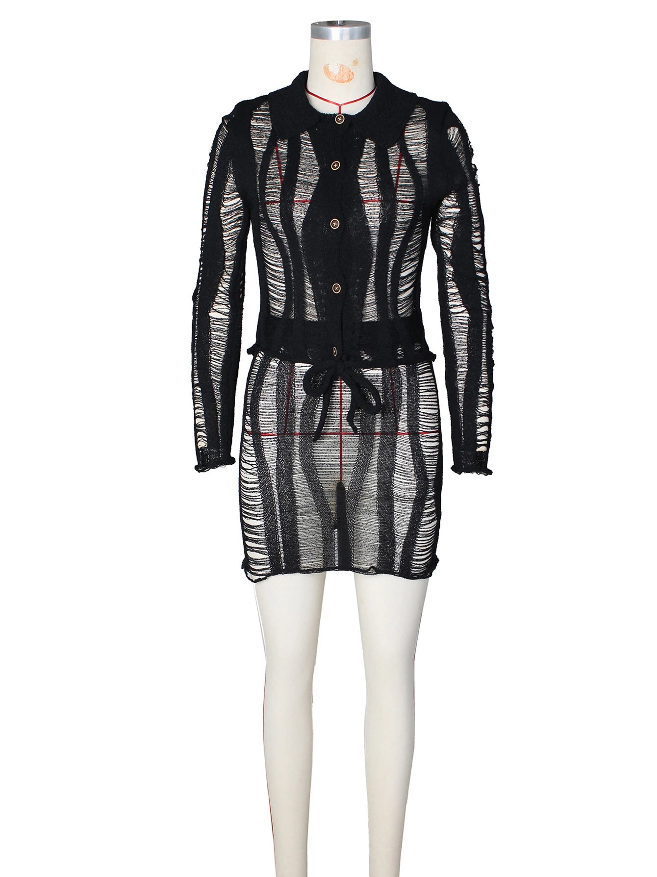 Thin Knit Women 2 Piece Set Sexy Coquette Full Sleeve Single-Breasted Blouse+Mini Skirts Clubwear Midnight Party Suit