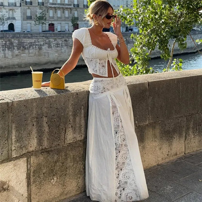 Women Y2K 2 Piece Set White Lace Patchwork Off Shoulder Short Sleeve Crop Top With Long Skirt Summer Vacation Streetwear