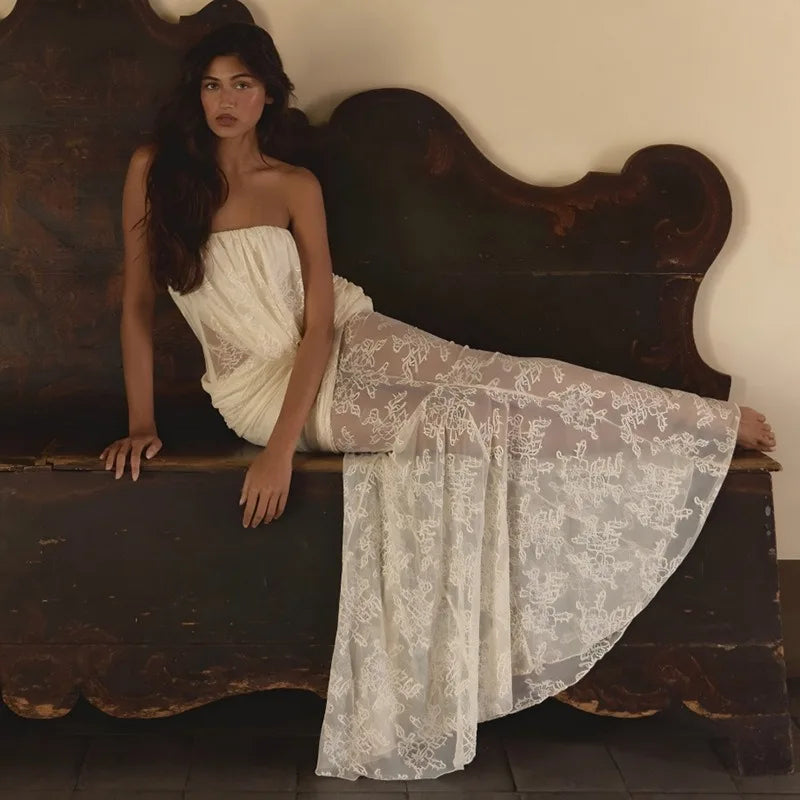 Lace White Dresses Woman Elegant Strapless Asymmetrical Drape Fishtail Maxi Dress Evening Gown