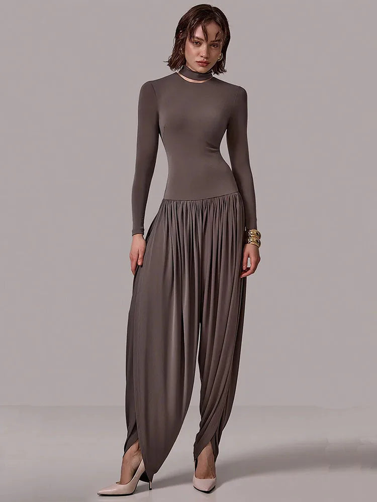 Long Sleeve Draped Sexy Jumpsuit Women Overalls Autumn Winter New Patchwork Solid Turtleneck High Waist Slim Jumpsuis