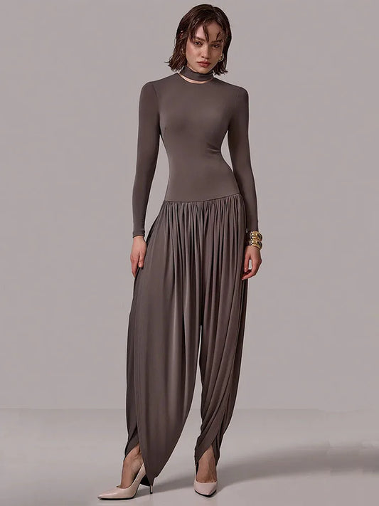 Long Sleeve Draped Sexy Jumpsuit Women Overalls Autumn Winter New Patchwork Solid Turtleneck High Waist Slim Jumpsuis