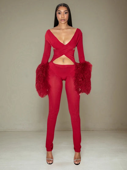 Cross Hollow Jumpsuit Women Sexy Fit Fur Patchwork Full Sleeve Workout Activity Streetwear Stretch Tight Overalls