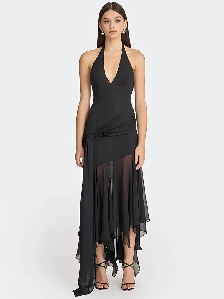 Halter V Neck Sexy Maxi Dress Women Gown Fashion Off-shoulder Sleeveless Backless Draped Ruched Club Long Dress Elegant