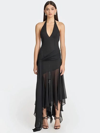 Halter V Neck Sexy Maxi Dress Women Gown Fashion Off-shoulder Sleeveless Backless Draped Ruched Club Long Dress Elegant
