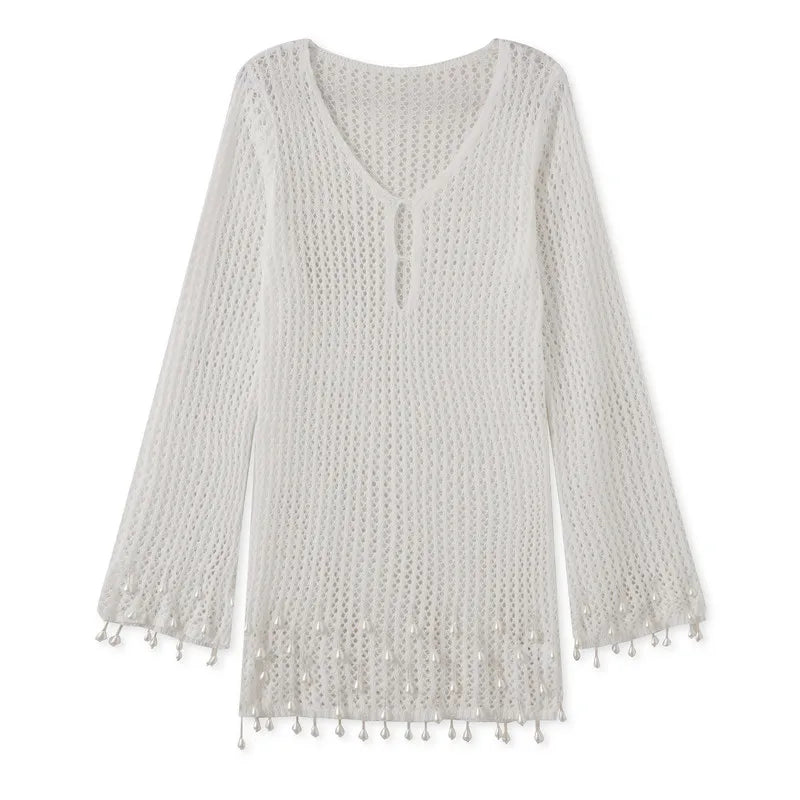 Hollow Knit Mini Dress For Women Plaid Print Long Sleeve V Neck Bikini Cardigan Dress Female Beach Vacation Sexy Dress