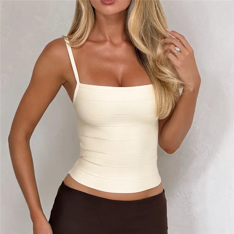 Women Slim Fit Bandage Ribbed Tank Top Square Neck Spaghetti Strap Sleeveless Bodycon Cropped Cami Top Summer Streetwear