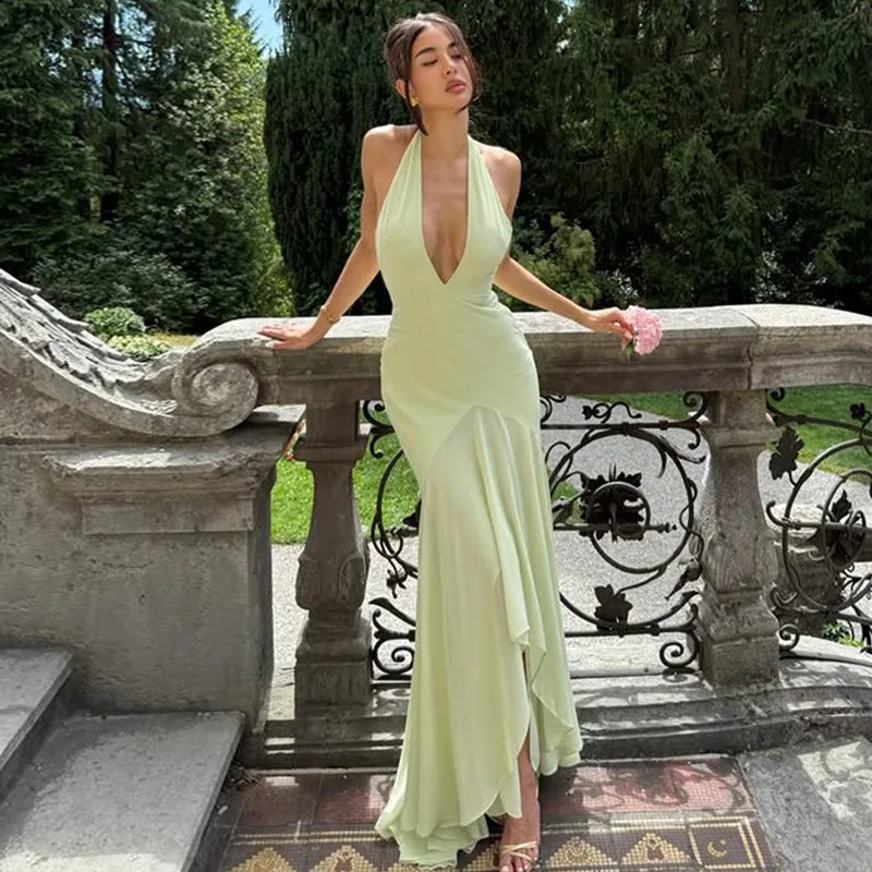 Green Mesh Flowy Elegant Dress Deep V Neck Backless Long Dresses for Woman Party Sexy Outfits