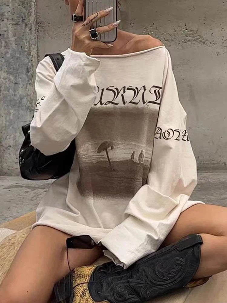 Casual Loose Pullover T-Shirt Women Autumn Trend Skew Collar Full Sleeve Graphics Print Casual Soft Wild Daily Tees