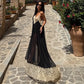 Flowing Black Tulle Maxi Dress Lace Trim Deep V Neck and Hem See Through Mesh Backless Dresses Resort Wear