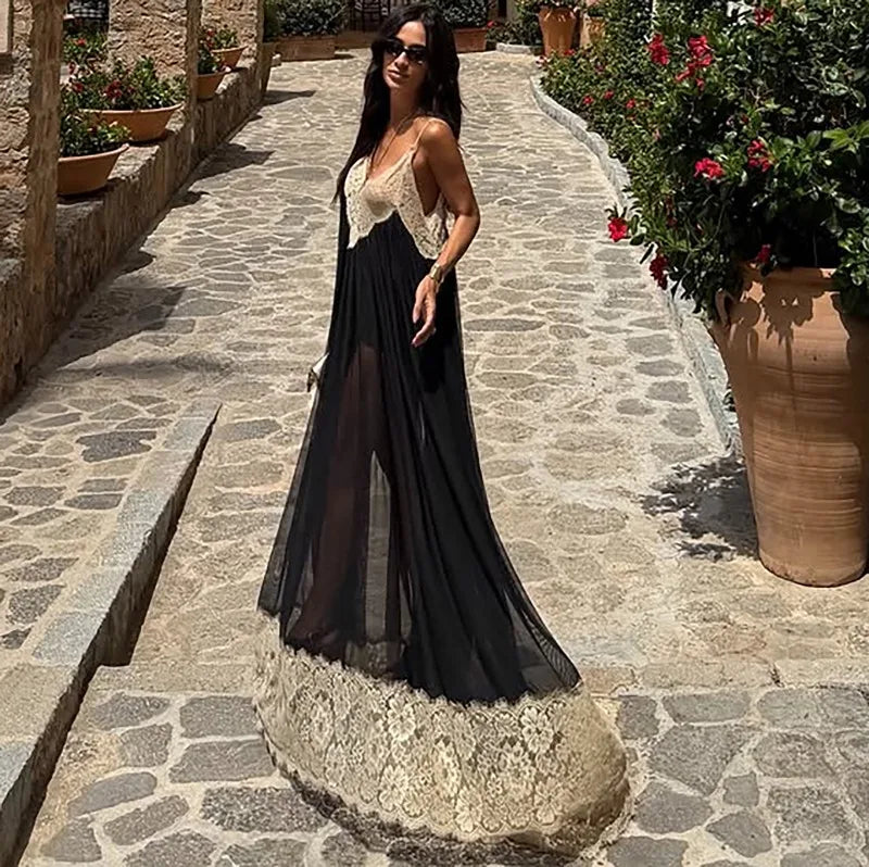 Flowing Black Tulle Maxi Dress Lace Trim Deep V Neck and Hem See Through Mesh Backless Dresses Resort Wear